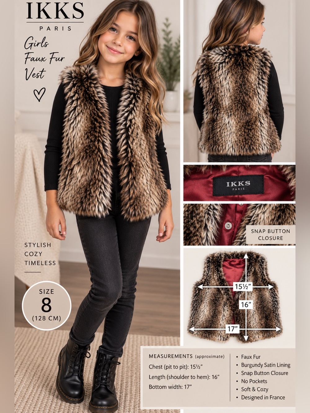 IKKS Girls Faux Fur Vest Brown Black Snap Front Size 8 128cm